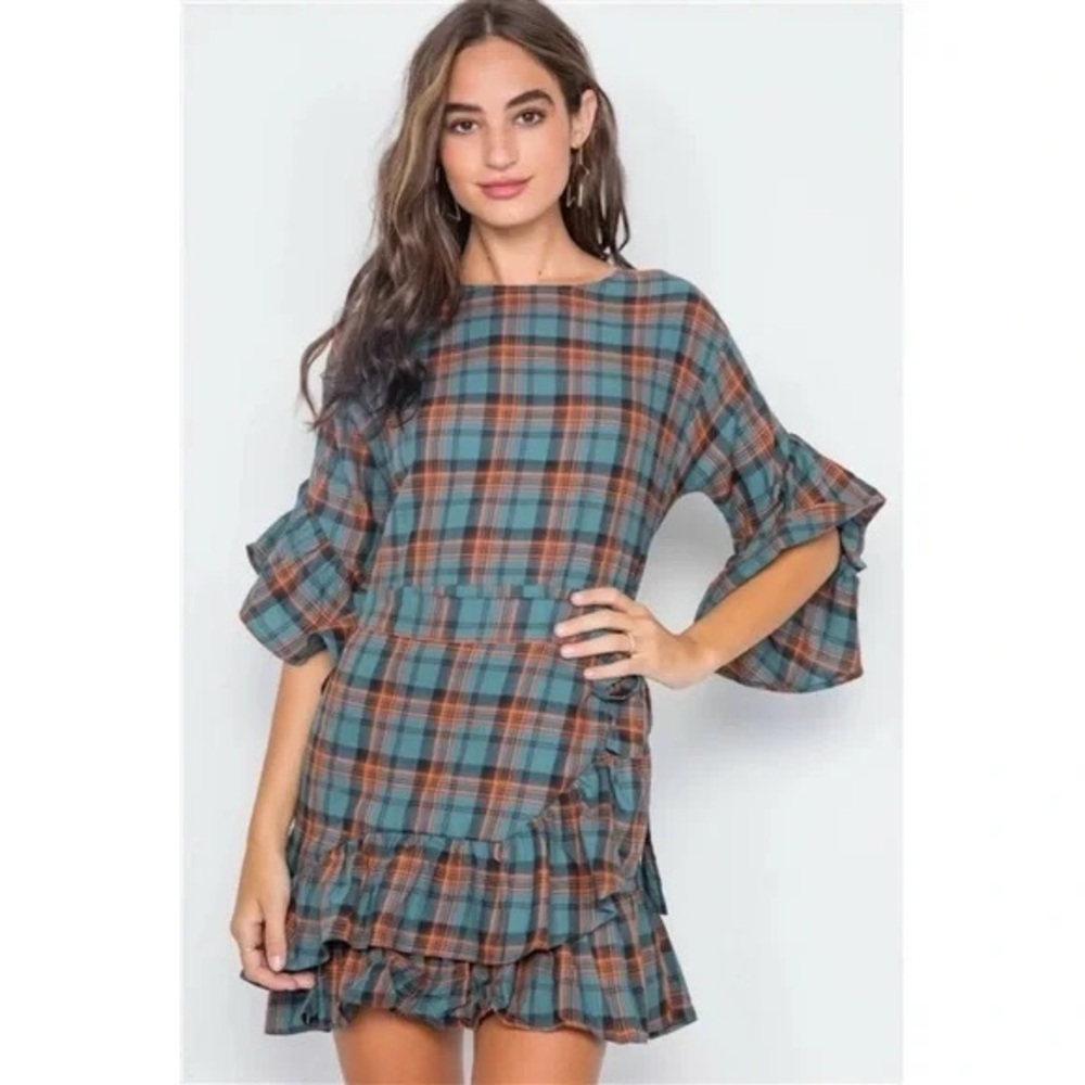 ❄️ Hot & Delicious | Blue Plaid Shirred Hem Front-Tie Mini Dress Boho Beach